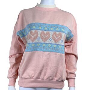 Vintage Women Size M Pink Turtleneck Cottagecore Knit Novelty Pullover Sweater